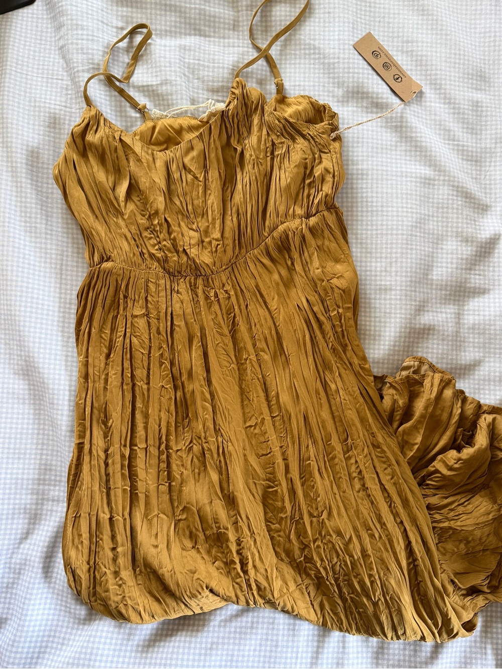Mystree Crinkled Spaghetti Strap Dress in Mustard